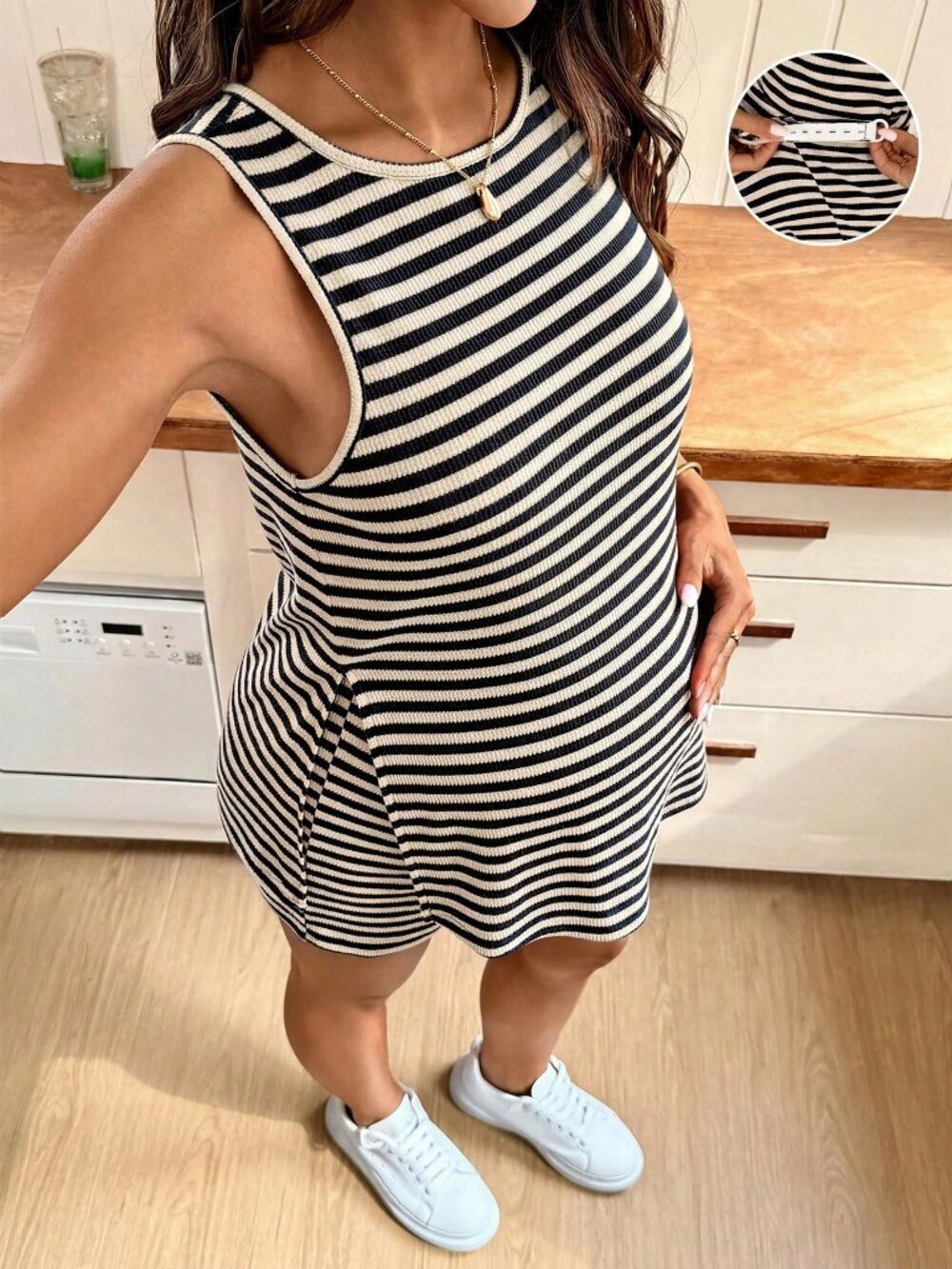 Casual Women's Striped Round Neck Slit Tank Top And Adjustable Waist Shorts Set